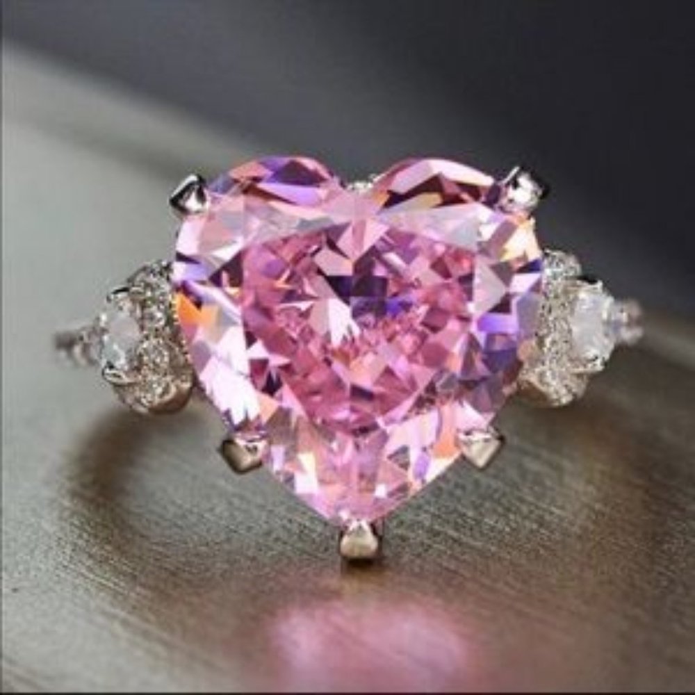 Heart shaped pink on ice sterling silver ring